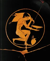 Jeune homme avec une coupe et une outre de vin ...