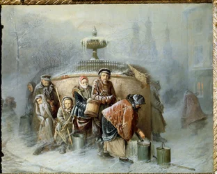 La queue à la fontaine. En plein hiver, les habitants de la ville attendent leur tour, dans le vent froid et le brouillard, pour remplir leur seau d