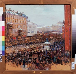 Manifestation révolutionnaire à Moscou en 1917. Épisode de la révolution prolétarienne bolchevique dans les rues de la capitale russe. Peinture de Vasili Nikitich Meshkov (1868-1946), huile sur toile