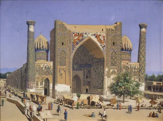 La madrasa Sherdar sur la place du Registan à Samarcande, 1869-1870