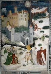 Mois de janvier : paysage enneigé avec aristocrates et chasseurs. Les aristocrates jouent aux boules de neige tandis que les chasseurs partent à la chasse avec leurs chiens. En bas, le château de Castello di Stenico et un homme avec la clé prêt à ouvrir la