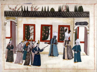 Le Sultan rend visite à la favorite avec la mère et le chef des eunuques. Miniature des « Mémoires turques » (codex Cicogna 1971 « Memorie Turchesche ») Aquarelle de l