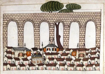Vue de Constantinople et de son aqueduc. Miniature de « Mémoires turques » (codex Cicogna 1971 « Memorie Turchesche ») Aquarelle de l