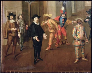 Comédiens italiens et français jouant dans des farces, 1670 (détail)
