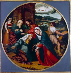 Visitation. Rencontre entre la Vierge Marie et Sainte Élisabeth. Au fond, Saint Joseph et Zacharie
