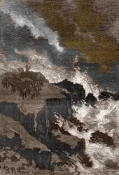 Religion gauloise et druides : assemblée de druides sur une falaise pour commander les esprits et expulser les démons. Gravure tirée de « Les mystères de la science » par Louis Figuier, Collection privée