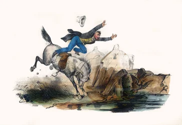 Un cavalier tombe après la ruée de son cheval. Dans « Album Grotesque, Choix de Types Remarquables », illustrations de Victor Adam, Paris, vers 1850.