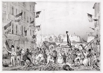 Barricade à la Rue Dauphine, 29 juillet 1830, gravée par H. Delaporte