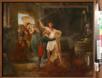 Don Quichotte combattant certaines outres de vin rouge