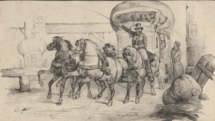 Cinq chevaux tirant une calèche avec des passagers