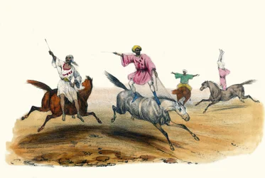 La voltige, par des Bédouins. Dans « Album Grotesque, Choix de Types Remarquables », illustrations par Victor Adam, Paris, vers 1850