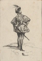 Homme avec épée et chapeau à plumes, vu de dos, milieu du 19e siècle