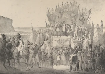 Fête militaire à Boulogne avec Napoléon distribuant des étoiles de la Légion d