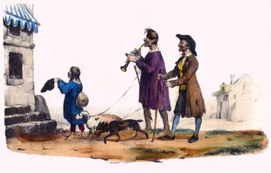 Deux aveugles guidés par des chiens et un enfant mendiant. Dans « Album Grotesque, Choix de Types Remarquables », illustrations de Victor Adam, Paris, vers 1850.
