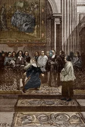 Affaire des possédés de Loudun (démons de Loudun) vers 1630 : « Exorcisme de la mère supérieure possédée du couvent des Ursulines par le prêtre de Chinon, Pierre Barré suite aux événements des « Possessions de Loudun », illustration pour possédés de Loudun