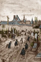 Convulsionnaire janséniste (ou Saint Médard) (Œuvres de convulsions) au 18e siècle : "les malades et les infirmes vont au cimetière de Saint-Médard (où se trouve la tombe du diacre François Paris) pour être miraculeusement guéris"