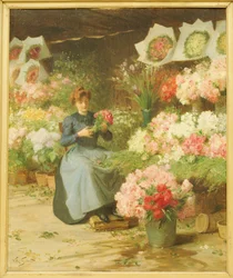 Vendeuse de fleurs devant l