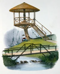 Une cabane et un pont rustique au Parc de la Motte, Bourgogne, illustration de 
