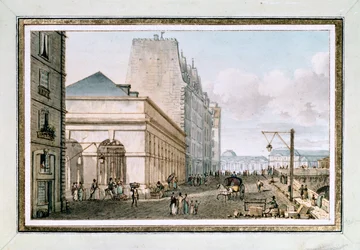 Vue du nouveau marché de la volaille, situé sur le Quai des Augustins près du Pont-Neuf, Paris, vers 1810