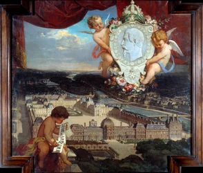Le Louvre de Napoléon III : Vue du Palais du Louvre et portrait de Napoléon III (1808-1873) en médaillon