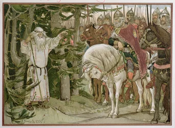 Le prince Oleg (d.c.912) rencontre le devin qui prophétise que son cheval sera la cause de sa mort, illustration de 
