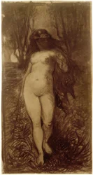 Nu féminin dans un paysage nocturne avec lune montante