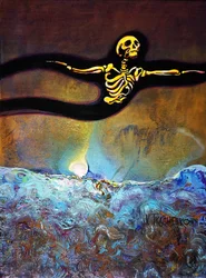 Un squelette lumineux au-dessus des vagues