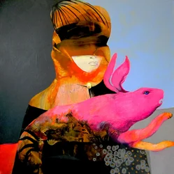 La femme mystérieuse et le lapin rose