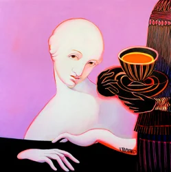 Femme en rose avec une tasse de thé
