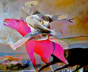 Cavalier surréaliste et cheval rose