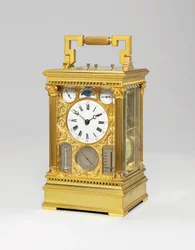 Grande sonnerie en laiton français, horloge de voyage de huit jours avec calendrier complet, phase de lune, baromètre et thermomètre, vers 1880