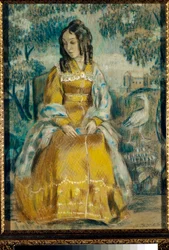 Portrait de Nadezhda Stanyukovich devant une tapisserie
