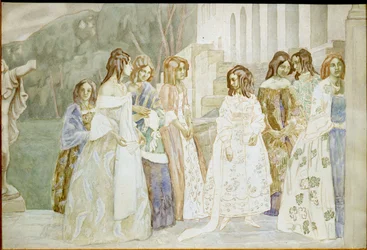 Requiem : des jeunes femmes vêtues de robes à crinoline discutent dans un jardin - Œuvre de Viktor (Victor) Elpidiforovich Borisov-Musatov (Borisov Musatov) (1870-1905)