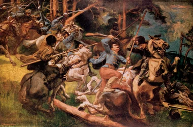 Hussards hongrois et cosaques russes combattant dans les montagnes des Carpates en 1915