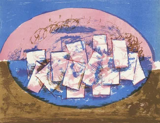 Ellipse bleue et rose avec des carrés sur fond brun et bleu