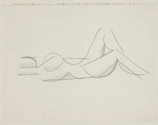 Modèle féminin couché, jambes vers la droite