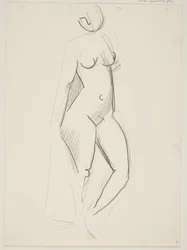 Femme nue debout, tournée vers la droite, draperie à la main