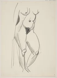 Femme nue debout, tournée vers la droite, draperie à la main