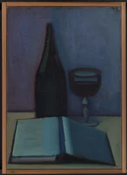 Nature morte avec un livre, un verre et une bouteille