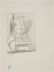 Étude pour une nature morte avec bouteille, pichets, bol de fruits et serviette