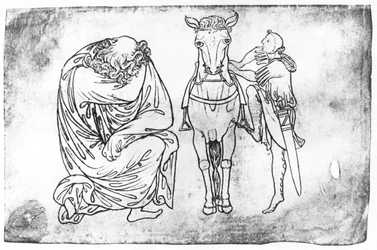 Copie fac-similé de Ms Fr 19093 fol.23v Homme assis, chevalier montant son cheval