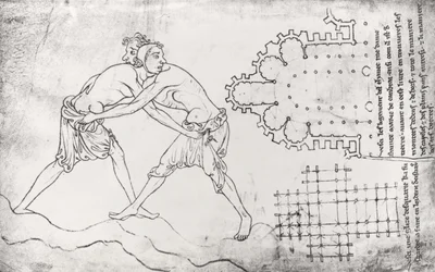 Ms.Fr.19093 fol.14v Deux lutteurs, plan d