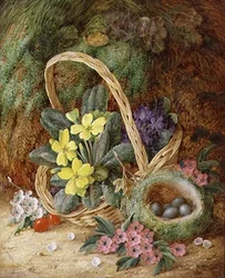 Nature morte avec primevères et nid d