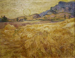 Champ de blé avec moissonneur et soleil, 1889