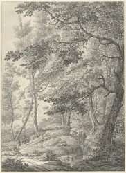 Paysage forestier avec un petit pont en bois et deux promeneurs