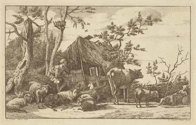 Berger assis avec du bétail devant une grange en ruine