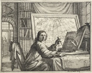 Homme avec compas près de cartes géographiques