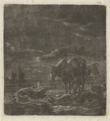 Paysage nocturne avec berger endormi et bétail