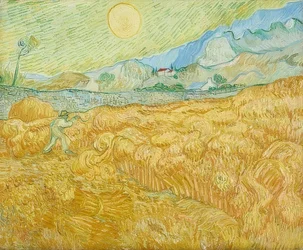 La moisson, champ de blé avec moissonneur. 1889