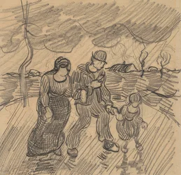 Couple avec enfant dans une rue sous la pluie